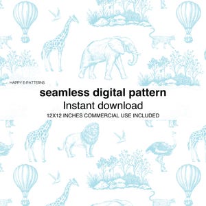 Puede incluir: Un patrón digital sin costuras con un esquema de color azul claro. El patrón incluye ilustraciones de una jirafa, un elefante, un león, un avestruz, un globo aerostático, pájaros y árboles. El texto "seamless digital pattern" y "Instant download" está incluido en la imagen. El texto "12x12 inches commercial use included" también está incluido en la imagen.