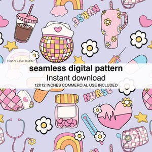 Puede incluir: Un patrón digital sin costuras con una variedad de ilustraciones lindas con temática de enfermería, que incluyen un arcoíris, un estetoscopio, un corazón con una línea de latido del corazón, un frasco de píldoras, una venda, una taza de café, un gorro de enfermera, un termómetro y una jeringa. El patrón está sobre un fondo morado claro.
