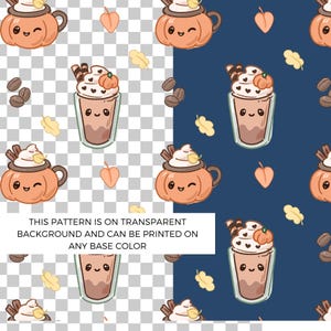 Puede incluir: Patrón repetido con tazas de calabaza de dibujos animados y bebidas de café helado con crema batida y una calabaza encima. El diseño incluye granos de café, hojas y el texto: "ESTE PATRÓN ESTÁ SOBRE UN FONDO TRANSPARENTE Y SE PUEDE IMPRIMIR EN CUALQUIER COLOR BASE."