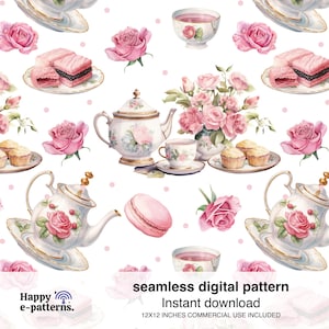 Puede incluir: Un patrón digital sin costuras que presenta una tetera, tazas de té, rosas, macarons y pasteles en rosa y blanco sobre un fondo blanco. El patrón mide 30,48 cm por 30,48 cm e incluye uso comercial.