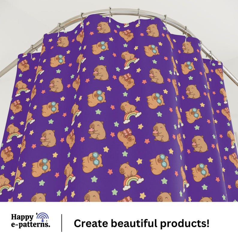 May include: A purple shower curtain featuring a repeating pattern of cartoon wombats, rainbows, and stars in various colors. The wombats are depicted with different accessories. The text "Happy e-patterns. | Create beautiful products!" is at the bottom.