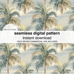 Puede incluir: Patrón digital sin costuras con palmeras de acuarela en tonos verdes, beige y azul. El diseño incluye un sol amarillo y el texto "seamless digital pattern, instant download, 12x12 inches commercial use included."