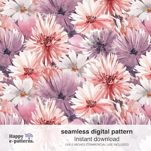 Puede incluir: Un patrón digital sin costuras con flores de acuarela en tonos rosa, morado y blanco. El diseño floral incluye una variedad de flores, creando una estética suave y artística. También se incluye el texto "patrón digital sin costuras" y "Descarga instantánea".