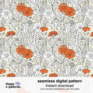 Puede incluir: Patrón digital sin costuras con flores naranjas y follaje blanco delineado sobre un fondo beige claro. El diseño incluye el texto "patrón digital sin costuras" y "Descarga instantánea". El patrón mide 30,48 x 30,48 cm y es para uso comercial.