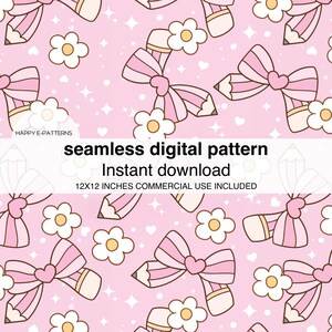 Puede incluir: Patrón digital sin costuras sobre fondo rosa con ilustraciones repetidas de lazos rosas con detalles de corazón, lápices y flores blancas. Se incluye el texto "patrón digital sin costuras" y "Descarga instantánea".
