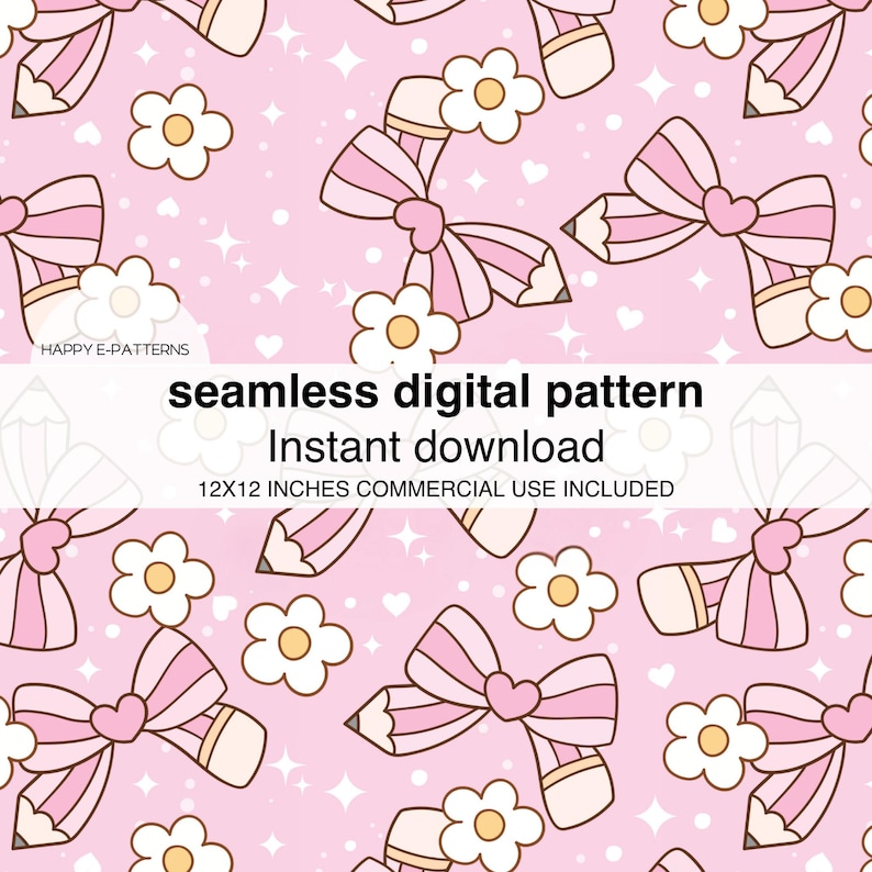 Kawaii Pencil Bow Seamless Pattern, Pink School Digital Paper 12x12 ...