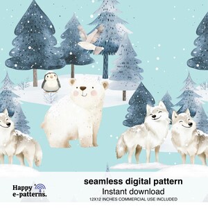 May include: A seamless digital pattern featuring a winter forest scene with a polar bear, wolves, a penguin, and a dove. The design includes snow-covered trees and a light blue background. The text "Happy e-patterns" and "seamless digital pattern" is visible.