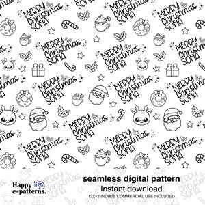 Peut inclure: Motif numérique de Noël sans couture en noir et blanc avec le Père Noël, des rennes, des couronnes, des cannes en sucre, des étoiles et du houx. Le texte "MERRY CHRISTMAS SOFIA" est répété. Le motif est de 30,5 x 30,5 cm.