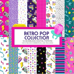Digitale Retro-Papiere der 90er und 80er Jahre, digitales nahtloses Papier, 90er Jahre, geometrisch, Vintage-Hintergrund, für kommerzielle Nutzung, 16 Designs