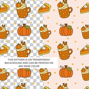 Puede incluir: Patrón repetitivo con calabazas naranjas, lattes de especias de calabaza y rebanadas de pastel de calabaza. El diseño incluye lunares amarillos sobre un fondo transparente y rosa claro. El texto en la parte inferior dice: "ESTE PATRÓN ESTÁ SOBRE UN FONDO TRANSPARENTE Y SE PUEDE IMPRIMIR EN CUALQUIER COLOR BASE."
