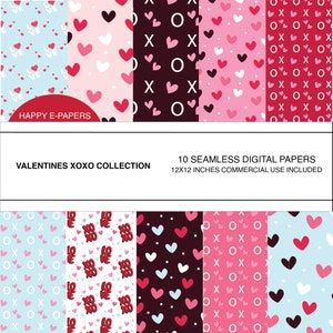 Valentines XOXO digital papers, digital seamless paper, hearts, colorful backgrounds, for commercial use