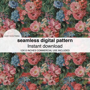 Puede incluir: Patrón digital sin costuras con un diseño floral de flores rosas, rojas y azules sobre hojas verdes. El texto dice: "patrón digital sin costuras, descarga instantánea, uso comercial de 12x12 pulgadas incluido."
