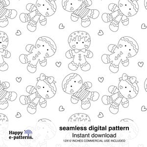 Puede incluir: Un patrón digital sin costuras con figuras de pan de jengibre y corazones sobre un fondo blanco. Las figuras de pan de jengibre tienen varios diseños, incluyendo lazos, ropa a rayas y glaseado decorativo. El texto "seamless digital pattern" y "Instant download" están incluidos.