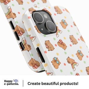 May include: White phone case featuring a repeating pattern of cartoon bears with rainbows, gifts, and glasses, interspersed with colorful stars. The case has a glossy finish and a camera cutout. Text on the bottom reads: Create beautiful products!