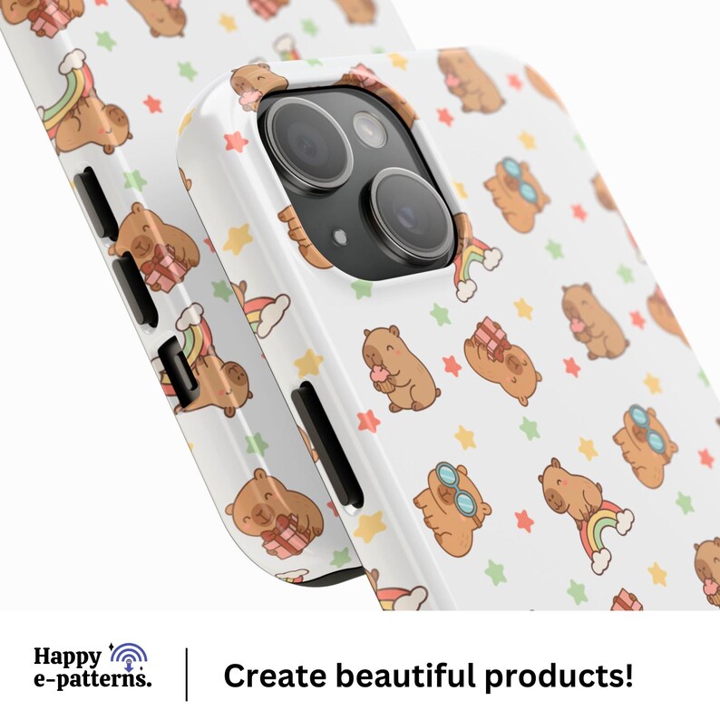 May include: White phone case featuring a repeating pattern of cartoon bears with rainbows, gifts, and glasses, interspersed with colorful stars. The case has a glossy finish and a camera cutout. Text on the bottom reads: Create beautiful products!