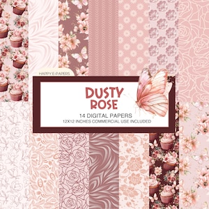 Puede incluir: Un conjunto de 14 papeles digitales con patrones florales rosa polvoriento y rosa, mariposas, cupcakes y diseños abstractos. Los papeles miden 30,5 x 30,5 cm e incluyen uso comercial.