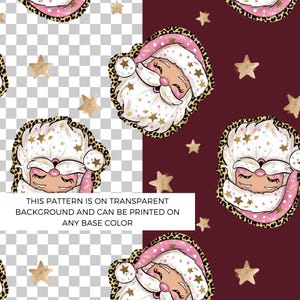 Puede incluir: Patrón repetitivo con caras de Papá Noel con barbas blancas, sombreros rosas y detalles de estrellas doradas. Las caras de Papá Noel están rodeadas por un borde con estampado de leopardo. Estrellas doradas están dispersas por el fondo. El texto de la imagen dice: "ESTE PATRÓN ESTÁ SOBRE UN FONDO TRANSPARENTE Y SE PUEDE IMPRIMIR EN CUALQUIER COLOR BASE."