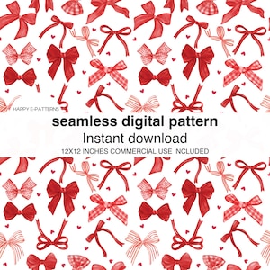 Puede incluir: Patrón digital sin costuras con lazos rojos de diferentes texturas, incluyendo cuadros, rayas y rojo sólido, sobre un fondo blanco con pequeños corazones rosas. El texto "seamless digital pattern" y "instant download" se muestra en texto negro. El texto "12x12 inches commercial use included" se muestra en texto gris.