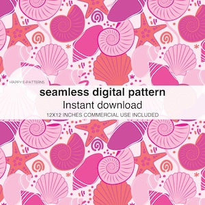 Puede incluir: Un patrón digital sin costuras con conchas marinas y estrellas de mar en tonos rosa y coral sobre un fondo blanco. El diseño incluye el texto "seamless digital pattern", "Instant download" y "12x12 INCHES COMMERCIAL USE INCLUDED".