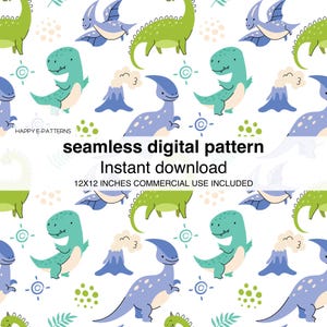 Puede incluir: Un patrón digital sin costuras que presenta dinosaurios de dibujos animados, volcanes y otros elementos caprichosos. El patrón está en tonos de verde, azul y blanco, y es perfecto para usar en una variedad de proyectos creativos.