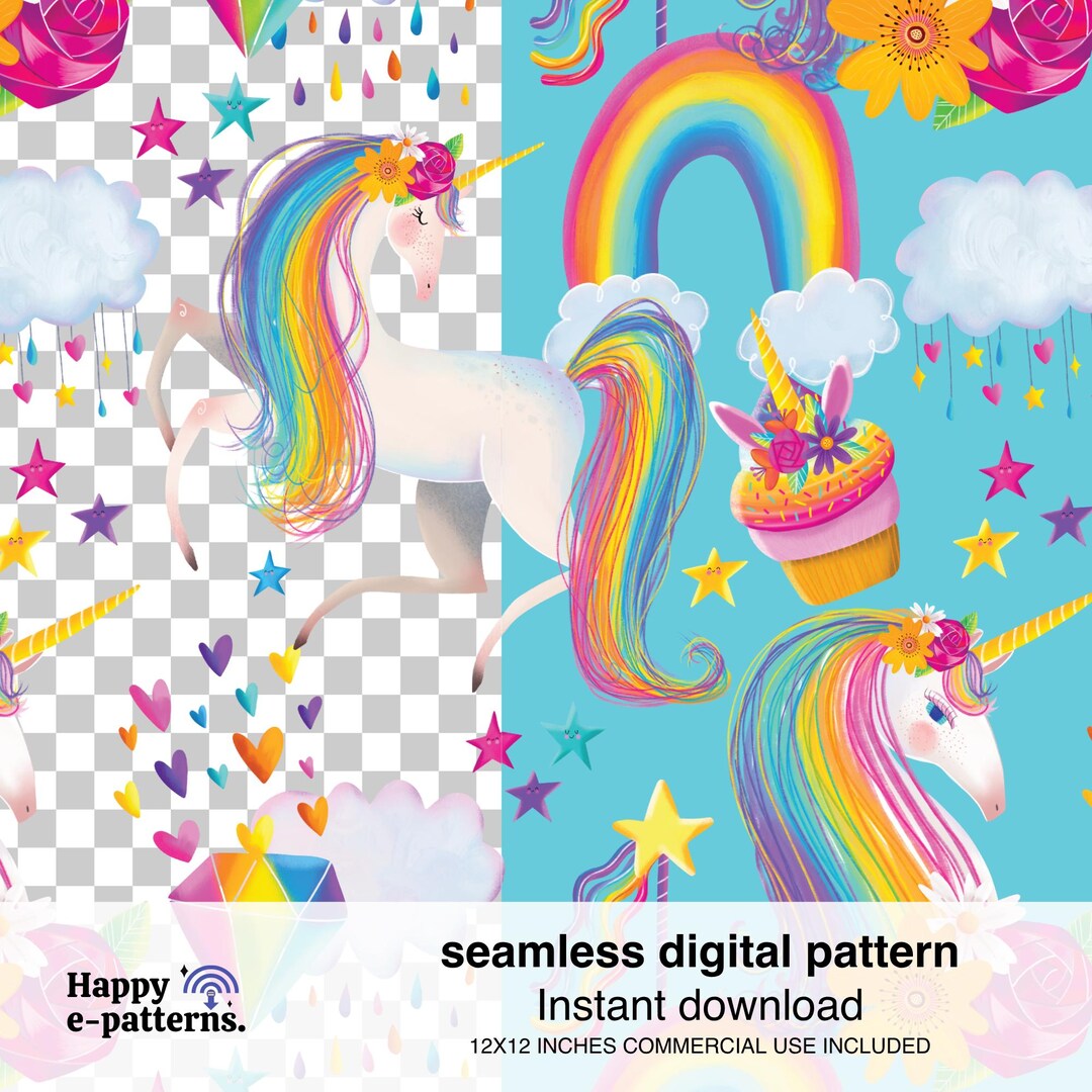 Rainbow Unicorn Seamless Pattern, Cute Fantasy Digital Paper, Magical ...