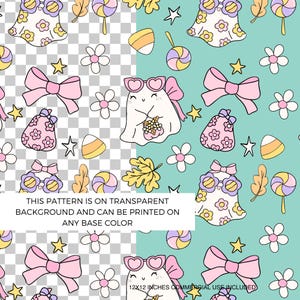Puede incluir: Patrón repetitivo con fantasmas de dibujos animados con gafas de sol en forma de corazón y lazos, rodeados de flores, estrellas, caramelos de maíz y piruletas. El texto dice: "ESTE PATRÓN ESTÁ SOBRE FONDO TRANSPARENTE Y SE PUEDE IMPRIMIR EN CUALQUIER COLOR BASE".