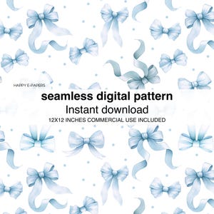 Puede incluir: Un patrón digital sin costuras con lazos de acuarela azul claro sobre un fondo blanco con pequeños puntos azules. El texto "seamless digital pattern" y "Instant download" está incluido en la imagen. El texto "12x12 inches commercial use included" también está incluido en la imagen.