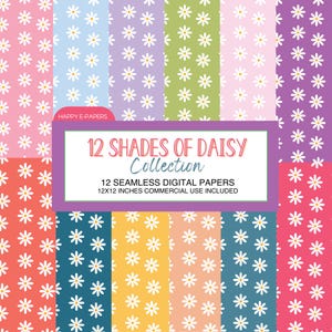 Puede incluir: Una colección de 12 papeles digitales sin costuras, cada uno de 30,48 x 30,48 cm, con un patrón de margaritas. Los papeles vienen en una variedad de colores, incluyendo rosa, azul, morado y verde. El texto en la imagen dice "12 Shades of Daisy Collection".