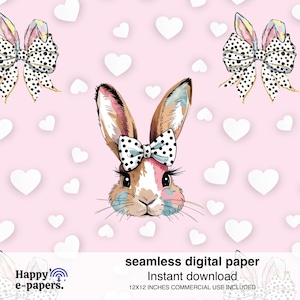 Puede incluir: Un patrón de papel digital sin costuras que presenta un lindo conejito con un lazo de lunares, rodeado de corazones blancos sobre un fondo rosa. El texto "seamless digital paper" y "Instant download" está en la parte inferior de la imagen. El texto "12X12 INCHES COMMERCIAL USE INCLUDED" también está en la parte inferior de la imagen.