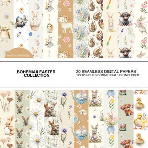 Puede incluir: Un conjunto de 20 papeles digitales con un tema de Pascua bohemio. Los papeles incluyen varios patrones con conejos, pollitos, huevos, flores y otros elementos de Pascua. Los papeles miden 30,5 x 30,5 cm y son para uso comercial.