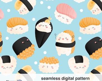 Kawaii Sushi Seamless Pattern, Cute Sushi Digital Paper, Japanese Food PNG, Sushi Clipart, Instant Download, Commercial Use