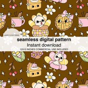 Puede incluir: Un patrón digital sin costuras con un fondo marrón con varias ilustraciones con temática de Acción de Gracias. El patrón incluye pavos, pasteles, maíz y flores. El texto "seamless digital pattern" y "Instant download" está incluido en la imagen.