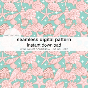 Puede incluir: Patrón digital sin costuras con conchas rosadas y estrellas de mar sobre un fondo turquesa. El patrón es de 12x12 pulgadas e incluye uso comercial.