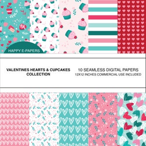 Valentines XOXO digital papers, digital seamless paper, hearts, colorful backgrounds, for commercial use