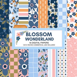 Puede incluir: Un paquete de papel digital con 16 patrones diferentes. Los patrones incluyen diseños florales, rayas, lunares y patrones a cuadros en tonos de azul, rosa, naranja y blanco. El texto "BLOSSOM WONDERLAND" se muestra en una pancarta azul. El texto "16 DIGITAL PAPERS" y "12X12 INCHES COMMERCIAL USE INCLUDED" también se muestra en la pancarta.