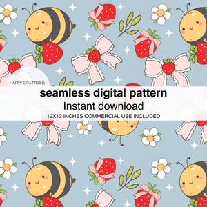 Puede incluir: Un patrón digital sin costuras con lindas abejas de dibujos animados, fresas con lazos rosas y flores blancas sobre un fondo azul claro. El patrón es de 12x12 pulgadas e incluye uso comercial.