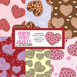 Puede incluir: Seis diseños de papel digital con corazones de estampado animal en varios colores y patrones. Los diseños incluyen corazones de estampado animal de leopardo, cebra, guepardo y rosa. Los papeles miden 12x12 pulgadas y son para uso comercial.