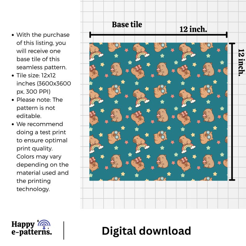May include: A digital download featuring a seamless pattern with a teal background. The pattern includes cartoon-style brown bears, rainbows, and stars. The base tile measures 12 x 12 inches.