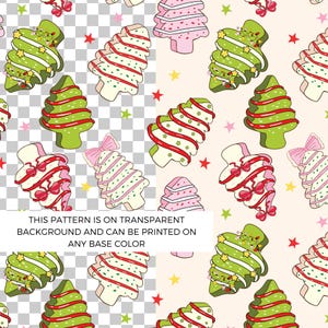 Puede incluir: Un patrón repetido de ilustraciones de árboles de Navidad en verde, rosa y blanco con detalles en rojo y detalles de estrellas y lazos. El texto dice: ESTE PATRÓN ESTÁ SOBRE UN FONDO TRANSPARENTE Y SE PUEDE IMPRIMIR EN CUALQUIER COLOR BASE.