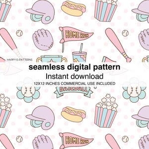 Puede incluir: Patrón digital sin costuras con ilustraciones temáticas de béisbol. El diseño incluye bates, guantes, cascos, perritos calientes, palomitas de maíz y una pancarta de "Home Run". El patrón está en colores pastel con un fondo de lunares. El texto "seamless digital pattern" está incluido.