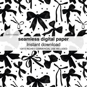 Puede incluir: Patrón de papel digital sin costuras en blanco y negro con lazos negros y lunares. El texto "seamless digital paper instant download 12x12 inches commercial use included" está en la parte inferior de la imagen.