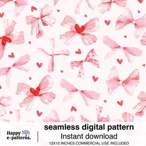 Puede incluir: Un patrón digital sin costuras con lazos rosas y corazones rojos de estilo acuarela sobre un fondo claro. Los lazos tienen diseños variados, algunos con centros en forma de corazón. Se incluye el texto "seamless digital pattern" y "Instant download".