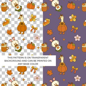 Puede incluir: Un patrón repetitivo con ilustraciones temáticas de otoño. El diseño incluye calabazas, un ganso con un disfraz de calabaza, tazas de café, hojas de arce, flores y lazos. El texto indica que el patrón está sobre un fondo transparente.