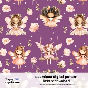 Puede incluir: Un patrón digital sin costuras con hadas con alas y flores sobre un fondo morado. El patrón mide 12 pulgadas por 12 pulgadas e incluye uso comercial.