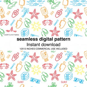Puede incluir: Un patrón digital sin costuras que presenta una variedad de ilustraciones de temática veraniega, incluyendo palmeras, chanclas, conos de helado, estrellas de mar, gafas de sol y las palabras "MAR" y "VERANO". El patrón está sobre un fondo blanco con contornos de colores.