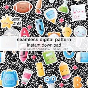 Puede incluir: Un patrón digital sin costuras con ilustraciones escolares sobre un fondo moteado en blanco y negro. Incluye un balón de fútbol, un crayón, un lápiz, una mochila y el texto "GOOD JOB!" y "A+". El patrón es de 30,48 x 30,48 cm.