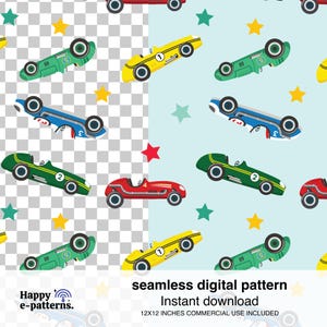 Puede incluir: Un patrón digital sin costuras con coches de carreras de dibujos animados en rojo, amarillo, verde y azul, con acentos de estrellas. El patrón incluye el texto "seamless digital pattern" y "Instant download". La imagen mide 30,48 cm x 30,48 cm.
