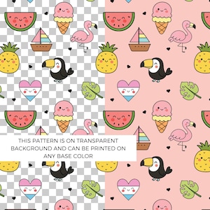 Puede incluir: Patrón repetitivo con ilustraciones de dibujos animados de una rodaja de sandía, un cono de helado, un flamenco, una piña, un velero, un tucán, un corazón y una hoja. El patrón está sobre un fondo transparente y rosa.