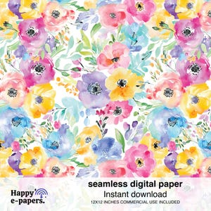 Puede incluir: Papel digital sin costuras con un patrón floral de acuarela con flores rosas, amarillas, azules y moradas sobre un fondo blanco. El texto "seamless digital paper" y "Instant download" está en la parte inferior de la imagen. El texto "12X12 INCHES COMMERCIAL USE INCLUDED" también está en la parte inferior de la imagen.