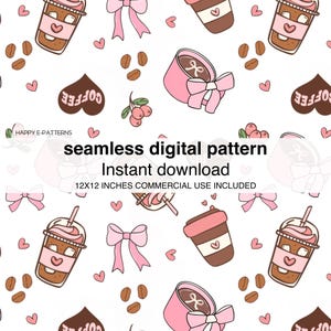 Puede incluir: Un patrón digital sin costuras con tazas de café, granos de café, lazos rosas y corazones sobre un fondo blanco. El diseño incluye el texto "COFFEE" y "HAPPY E-PATTERNS". El patrón mide 30,48 x 30,48 cm e incluye uso comercial.